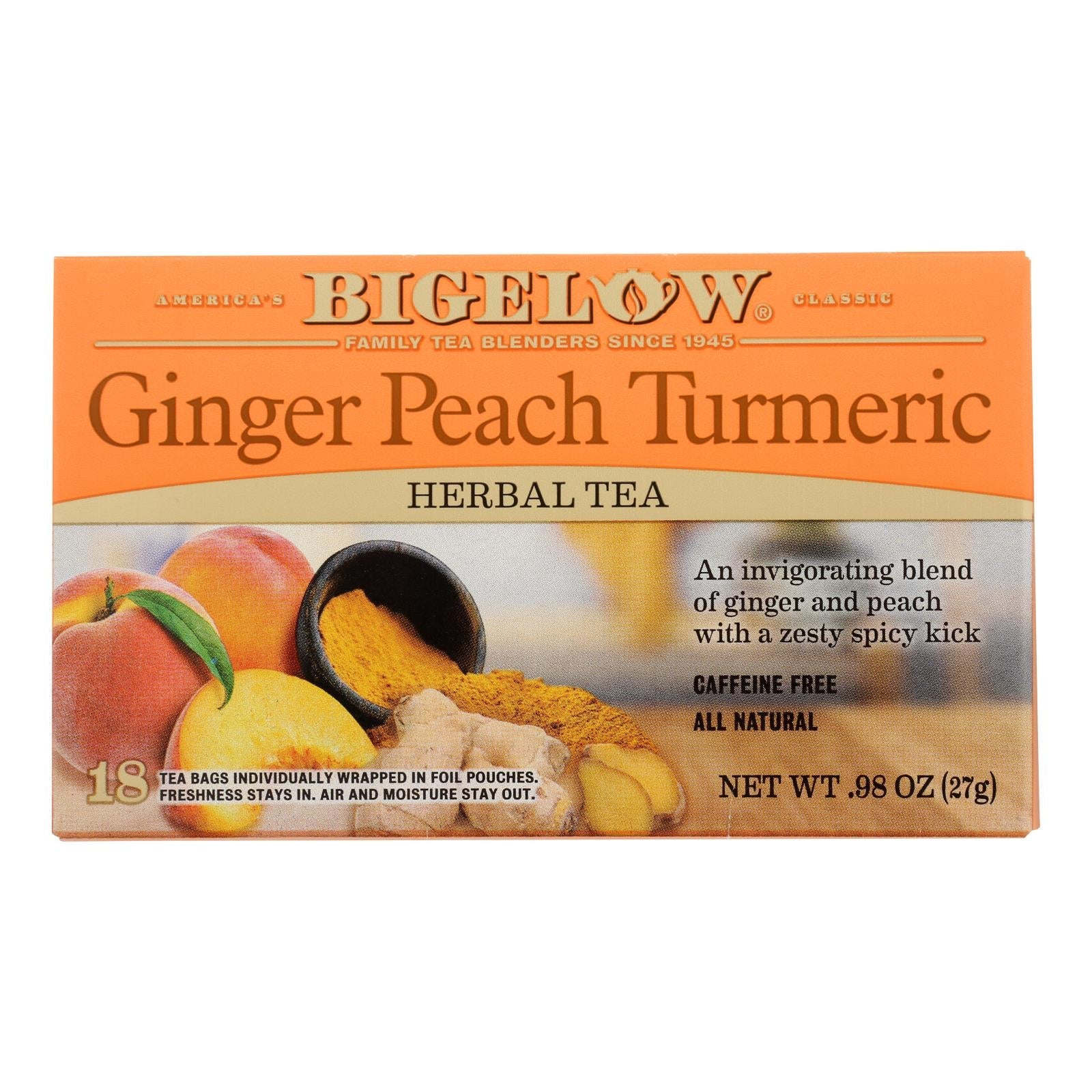 Té de hierbas Bigelow de jengibre, melocotón y cúrcuma (paquete de 6 - 18 bolsitas)
