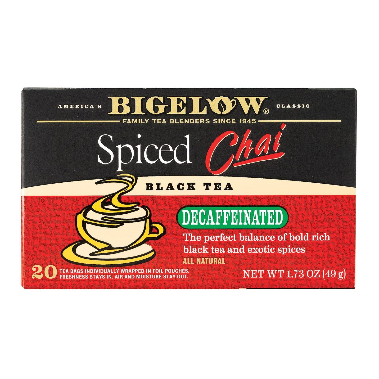 Bolsitas de té chai descafeinado con especias Bigelow Tea, 20 unidades (paquete de 6) 