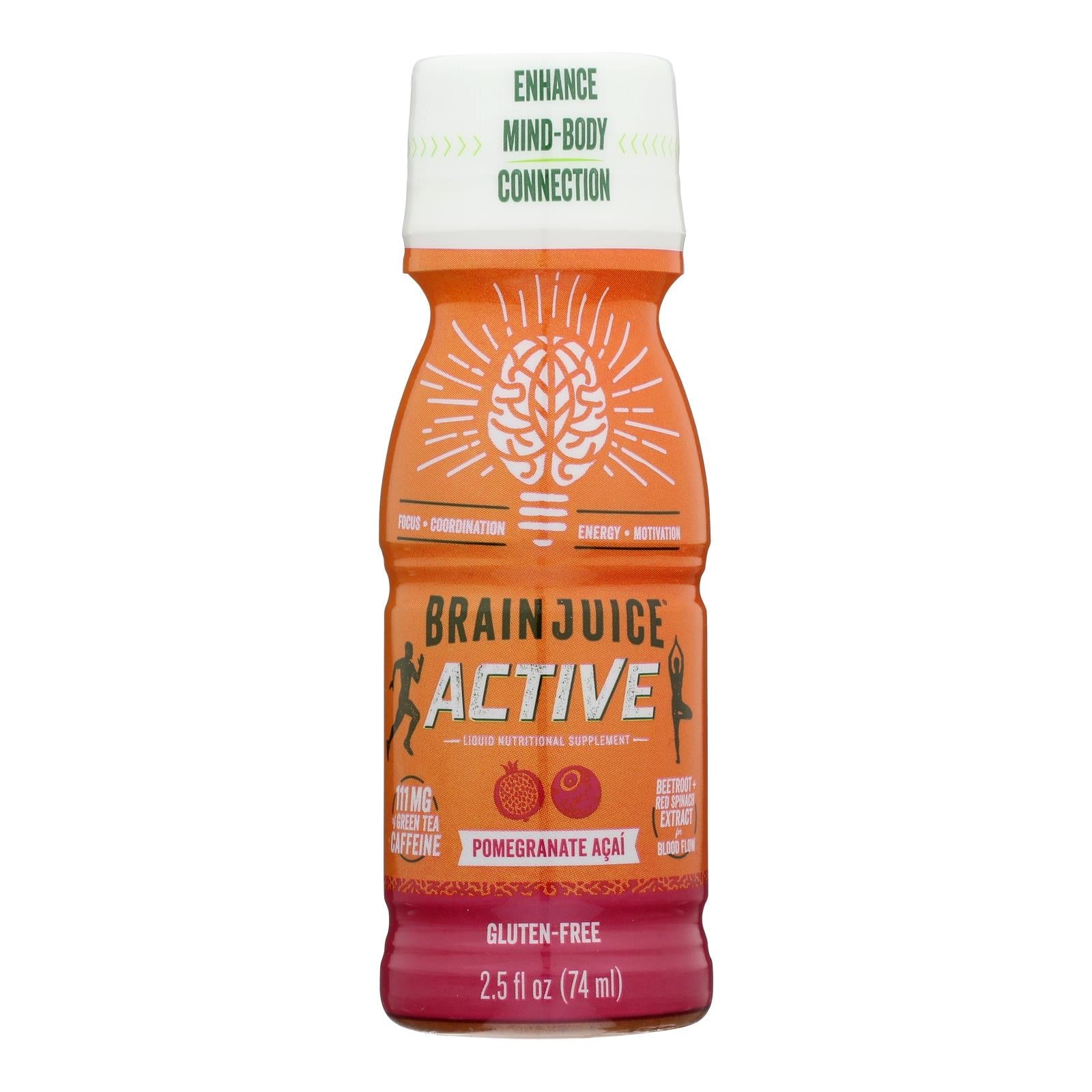 Brain Juice Pre-Entrenamiento - Shots Activos de Granada y Açaí (Paquete de 12 - 2.5 oz)