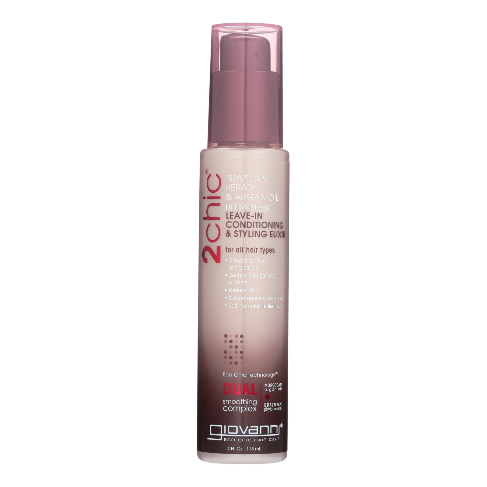 Acondicionador y elixir de peinado sin enjuague Giovanni 2chic Ultra-Sleek con keratina brasileña y aceite de argán - 113 ml 