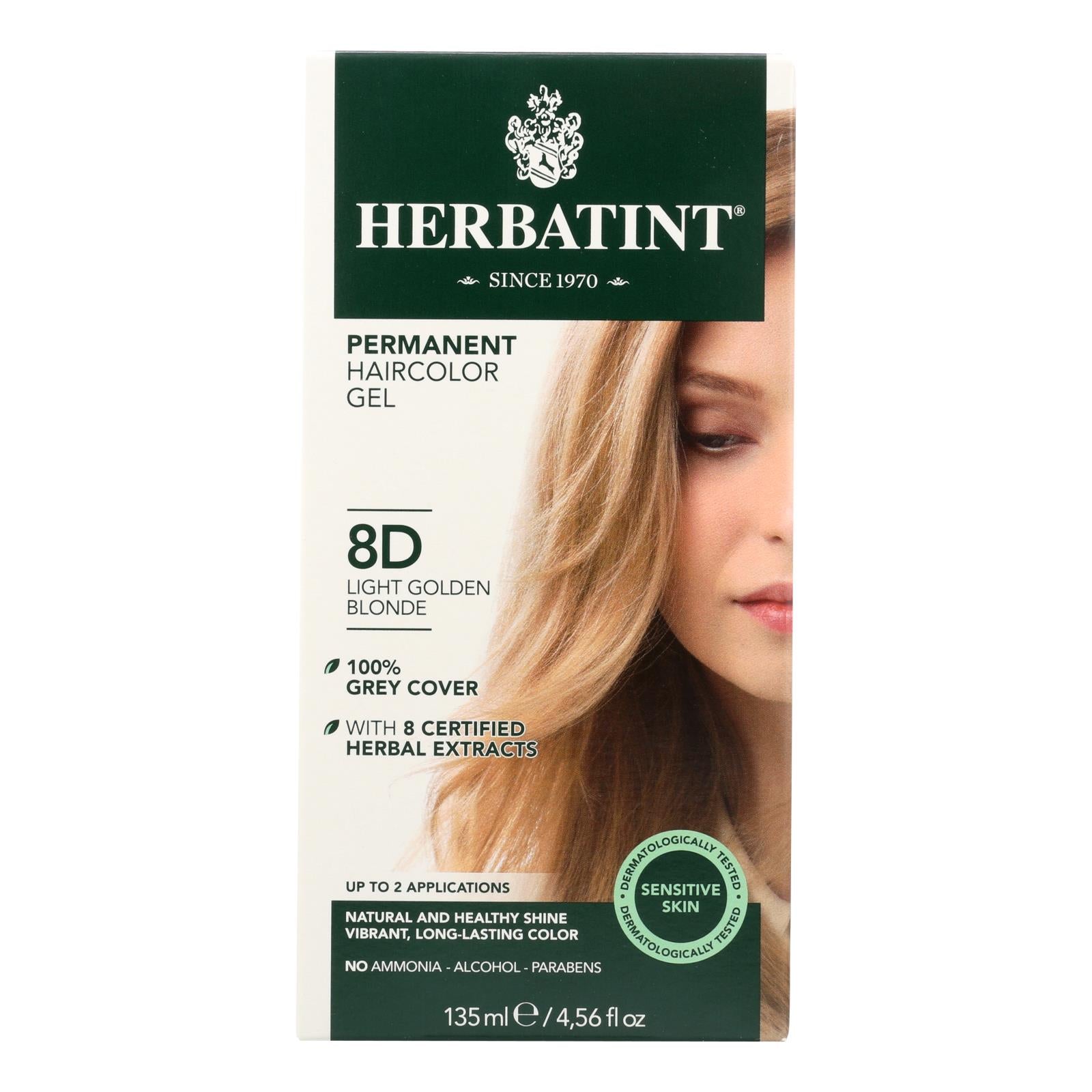 Tinte permanente en gel a base de hierbas Herbatint: Rubio dorado claro vibrante 8D, 135 ml