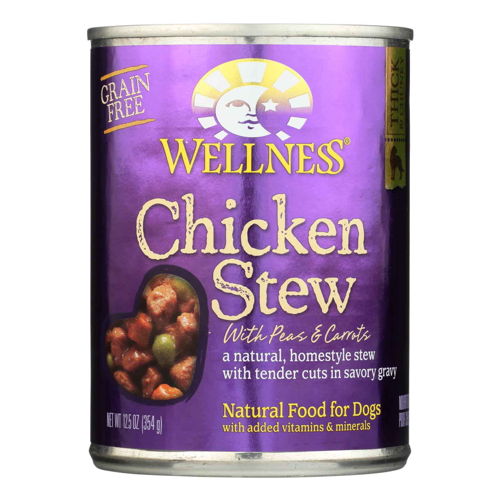 Alimento para perros Wellness Pet Products - Pollo con guisantes y zanahorias (paquete de 12) - 12,5 oz.