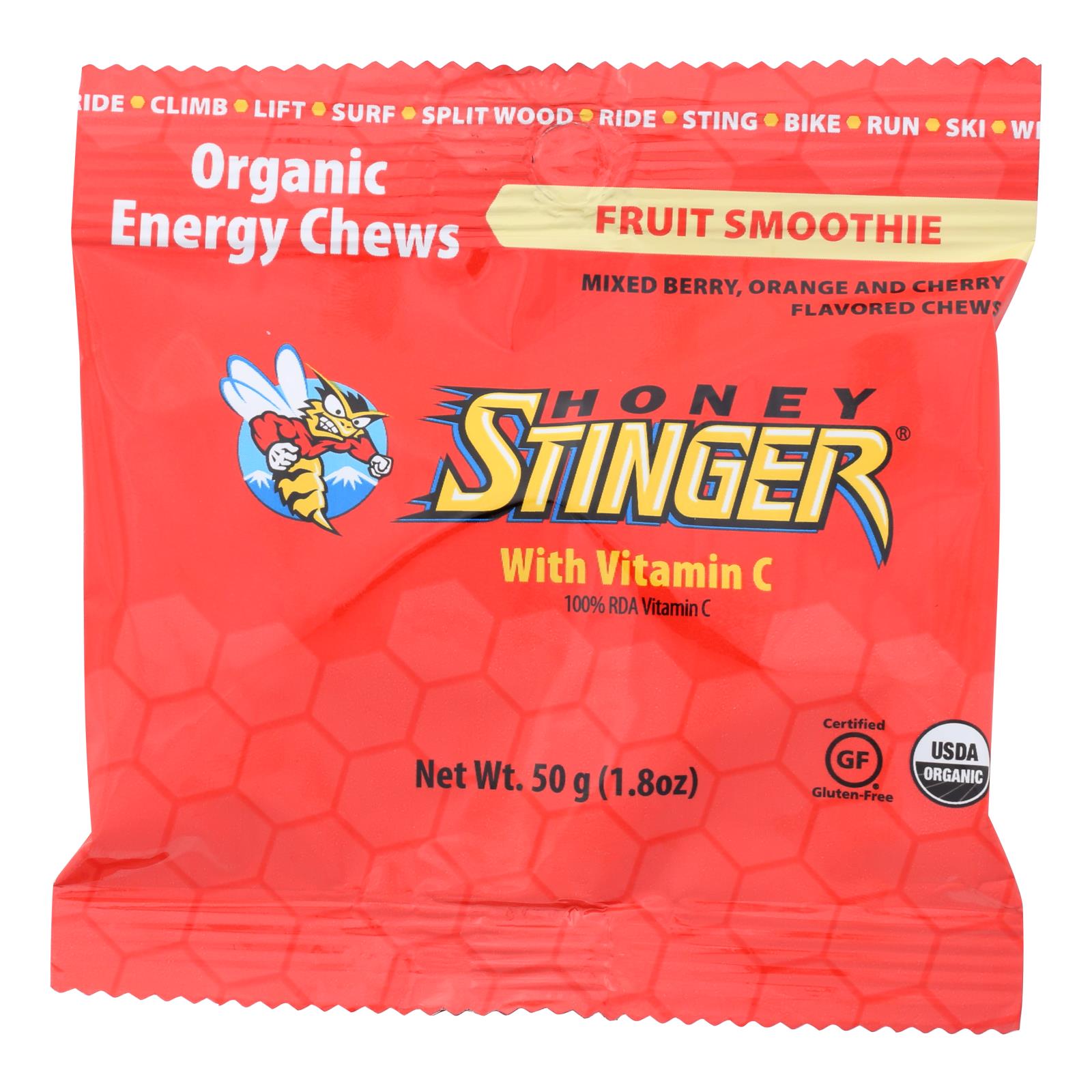 Masticable energético Honey Stinger - Sabor a batido de frutas orgánico - 50 g - Caja de 12