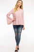 Pink V-Neck Bell Sleeve Back-Tie Ruffled Blouse