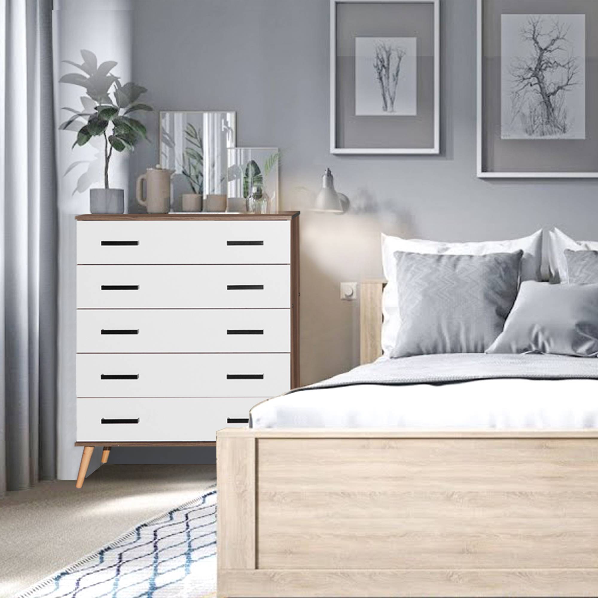 Cómoda Eli de 5 cajones, estilo moderno de mediados de siglo, de Better Home Products, en nogal y blanco