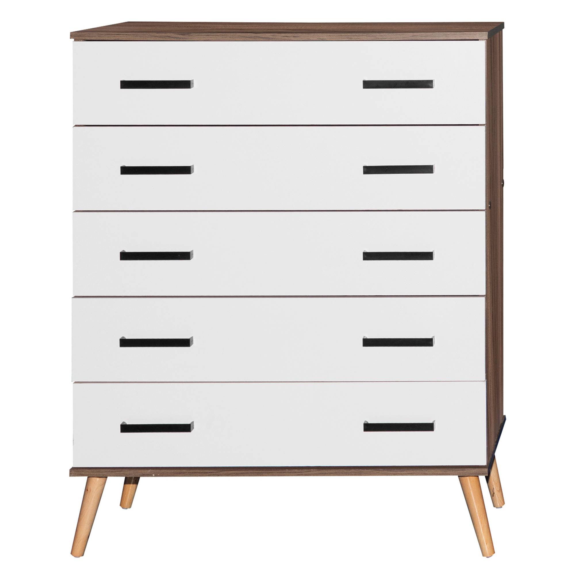 Cómoda Eli de 5 cajones, estilo moderno de mediados de siglo, de Better Home Products, en nogal y blanco