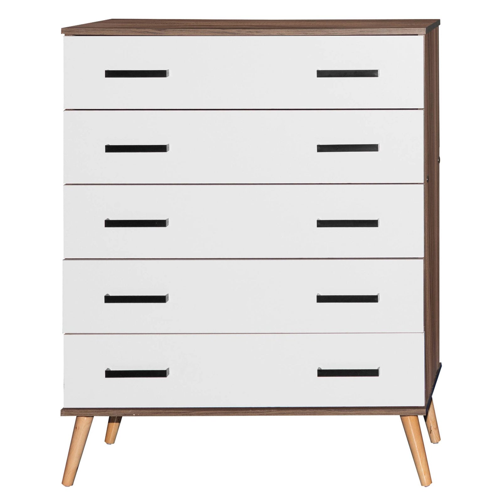 Cómoda Eli de 5 cajones, estilo moderno de mediados de siglo, de Better Home Products, en nogal y blanco
