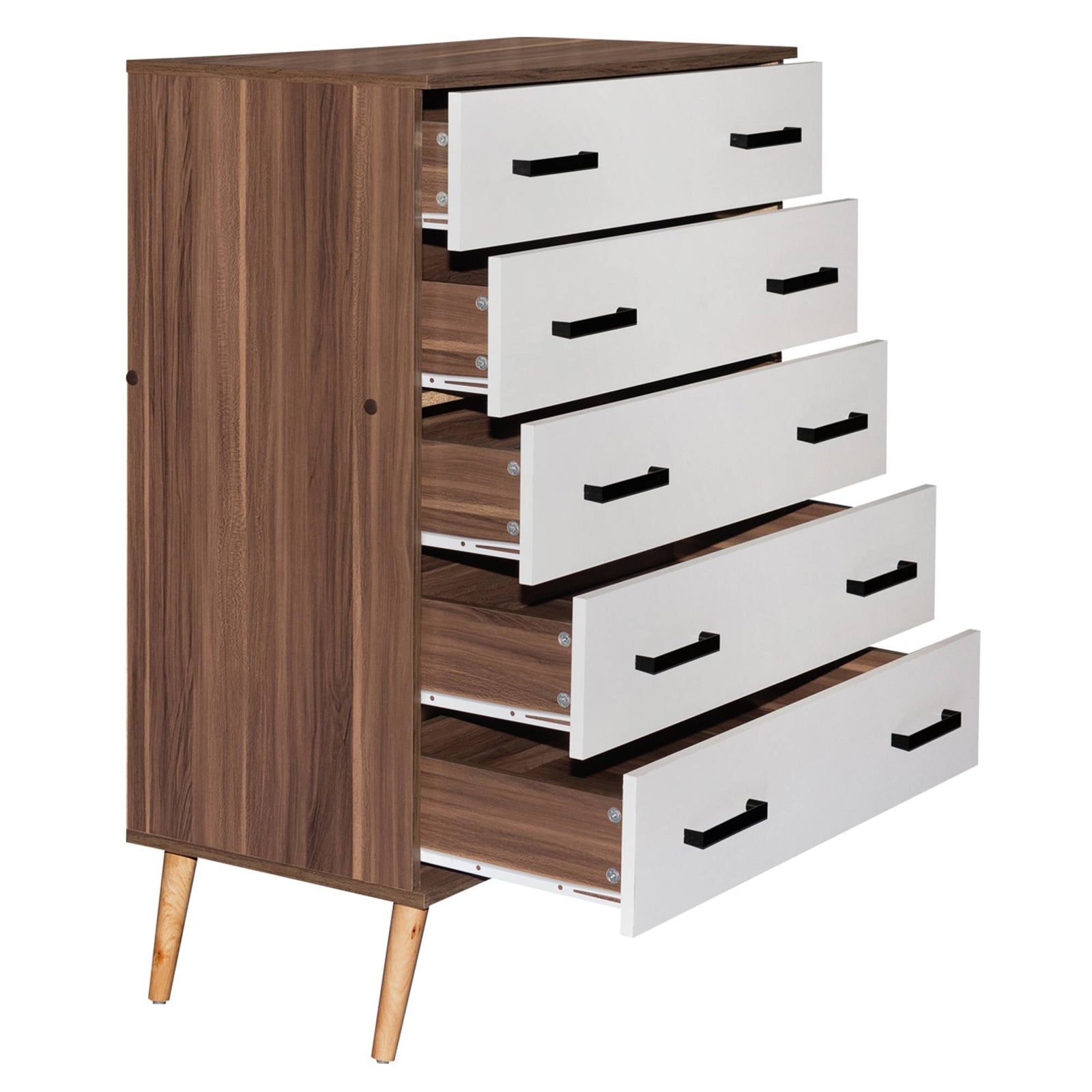 Cómoda Eli de 5 cajones, estilo moderno de mediados de siglo, de Better Home Products, en nogal y blanco