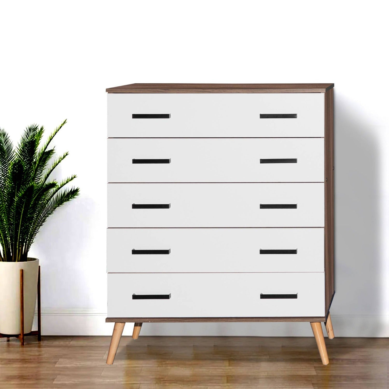 Cómoda Eli de 5 cajones, estilo moderno de mediados de siglo, de Better Home Products, en nogal y blanco