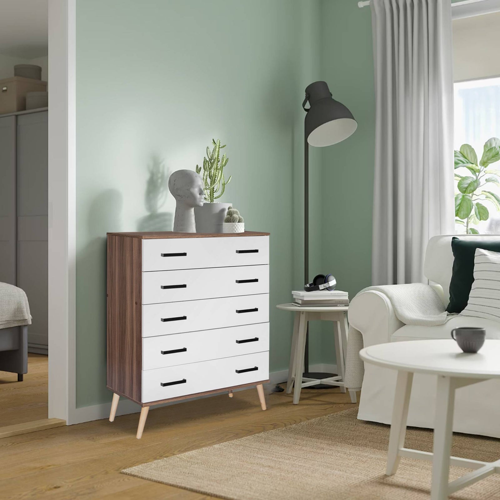 Cómoda Eli de 5 cajones, estilo moderno de mediados de siglo, de Better Home Products, en nogal y blanco