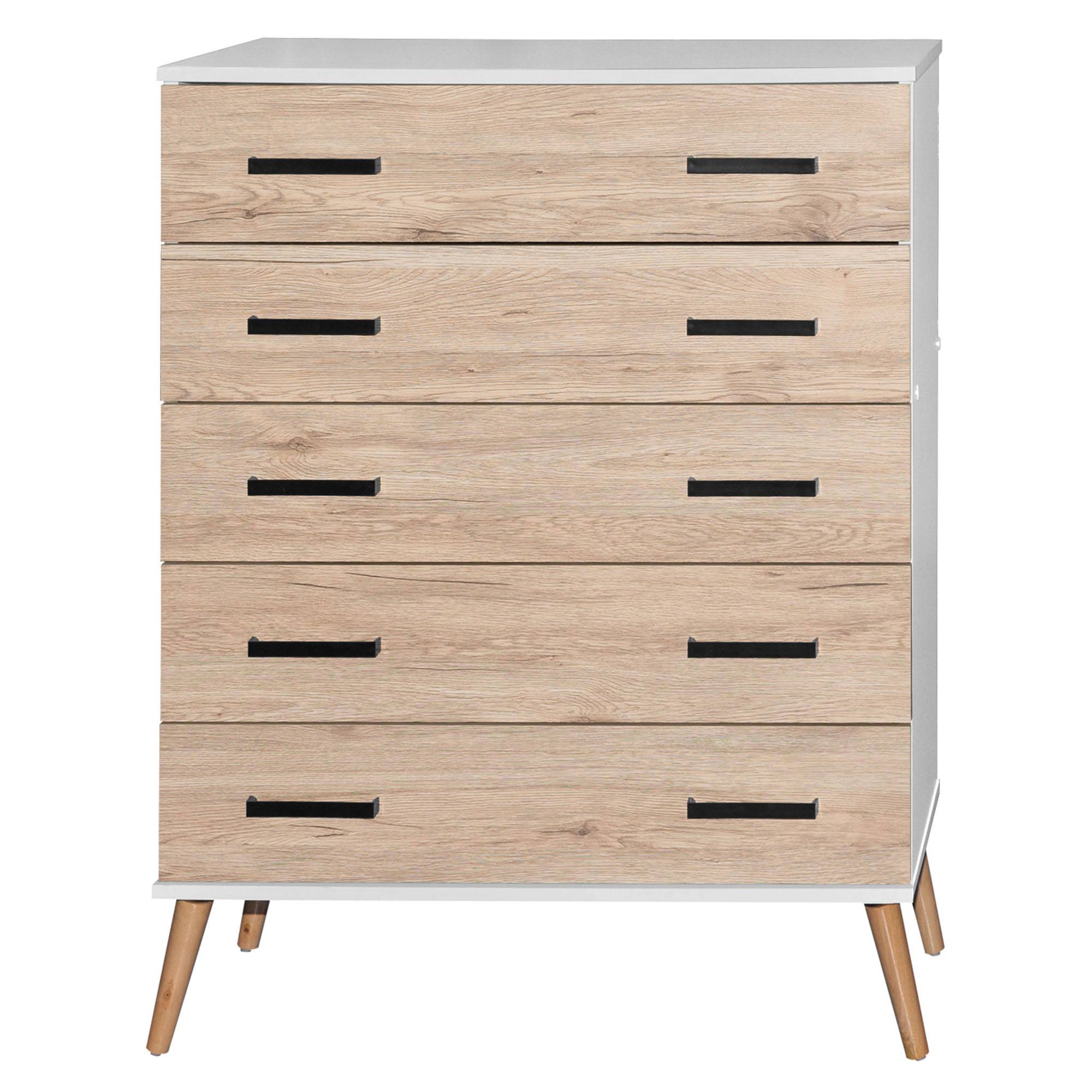 Cómoda Eli de 5 cajones, estilo moderno de mediados de siglo, de Better Home Products, en blanco y roble natural