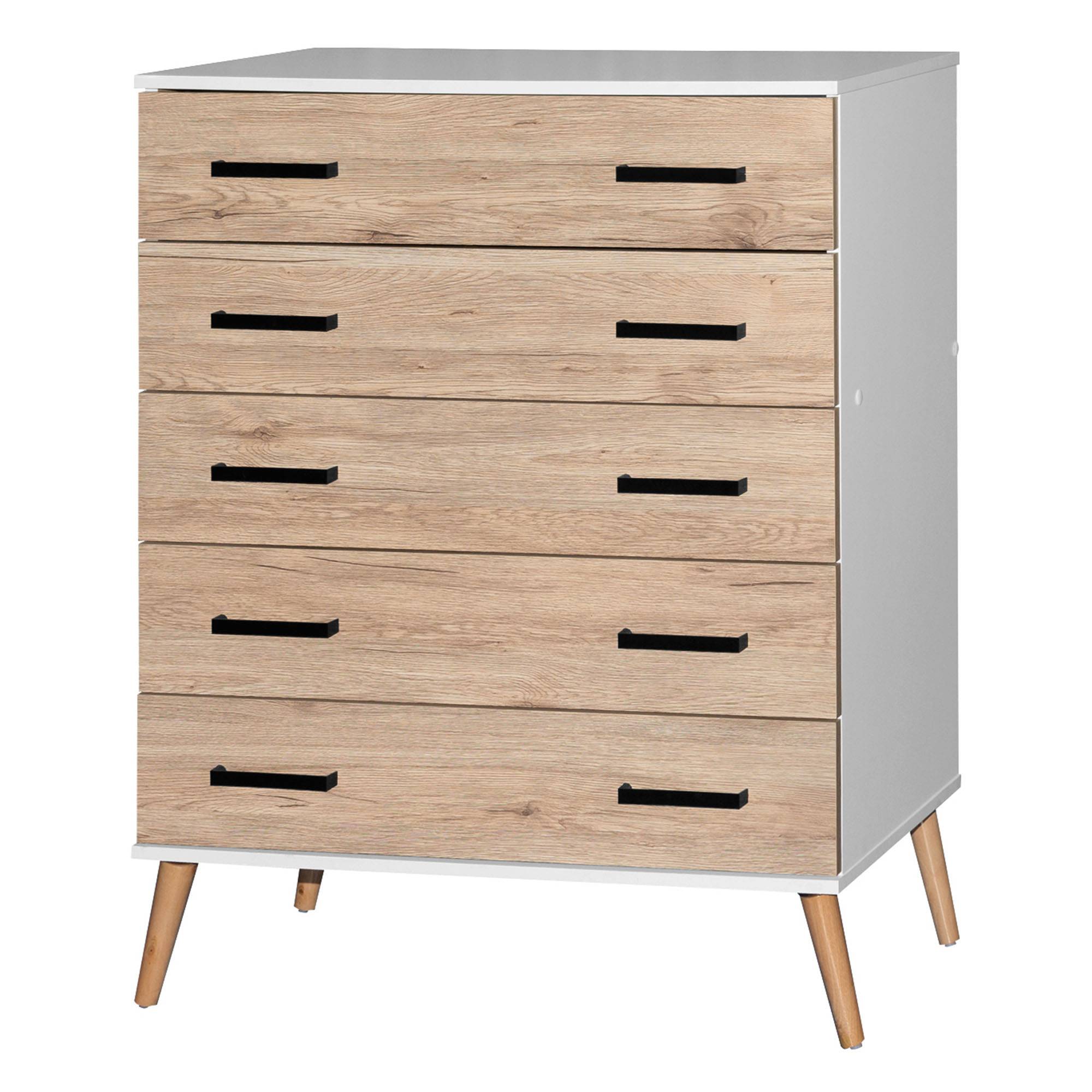 Cómoda Eli de 5 cajones, estilo moderno de mediados de siglo, de Better Home Products, en blanco y roble natural