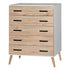 Cómoda Eli de 5 cajones, estilo moderno de mediados de siglo, de Better Home Products, en blanco y roble natural