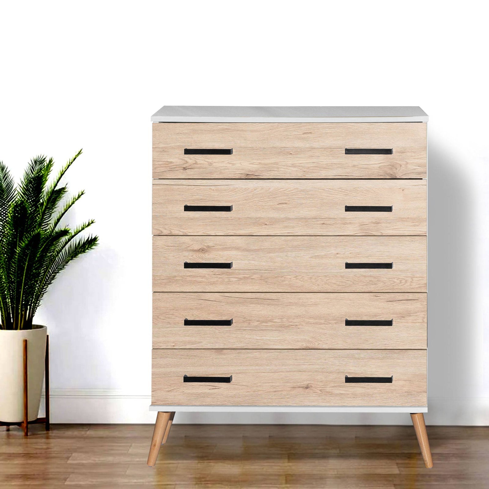 Cómoda Eli de 5 cajones, estilo moderno de mediados de siglo, de Better Home Products, en blanco y roble natural