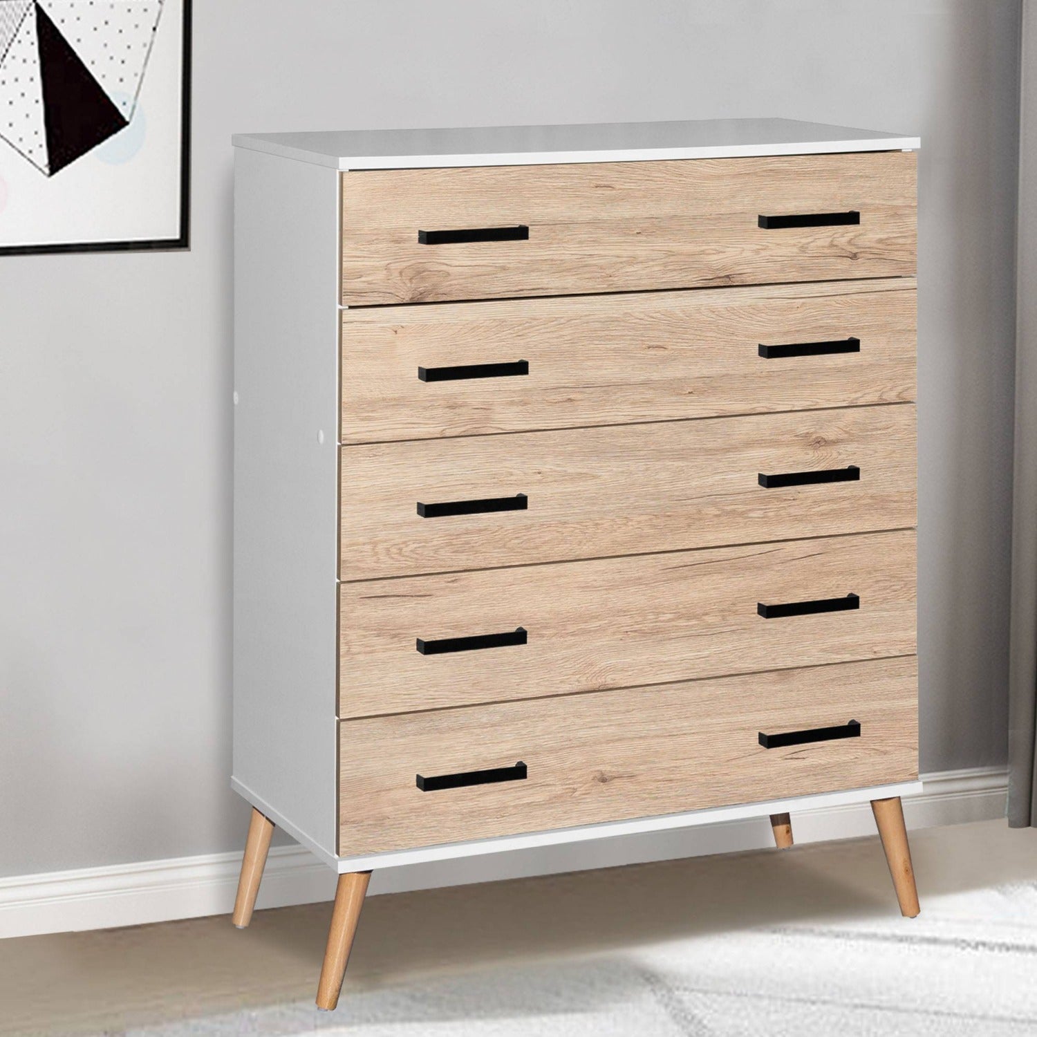 Cómoda Eli de 5 cajones, estilo moderno de mediados de siglo, de Better Home Products, en blanco y roble natural