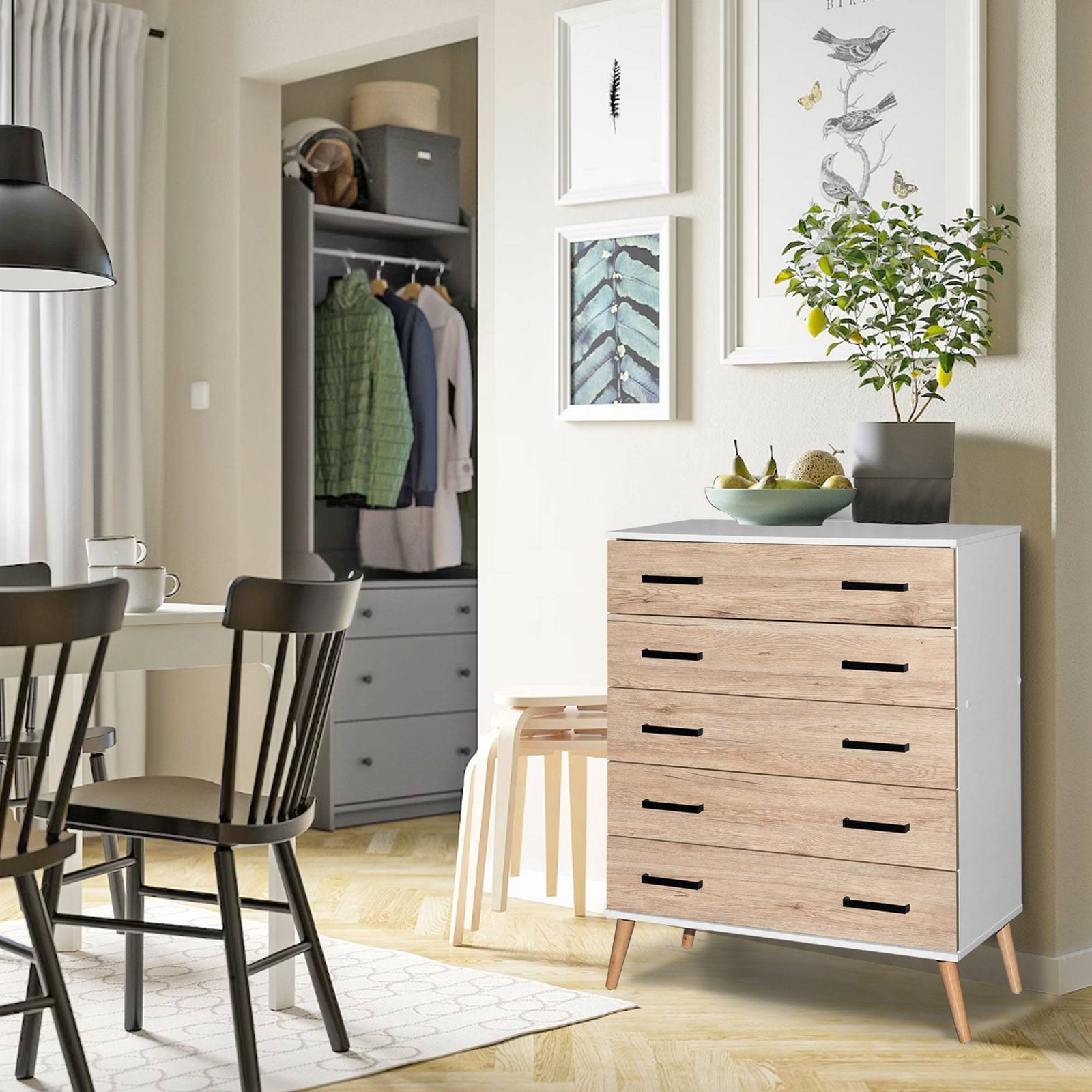 Cómoda Eli de 5 cajones, estilo moderno de mediados de siglo, de Better Home Products, en blanco y roble natural