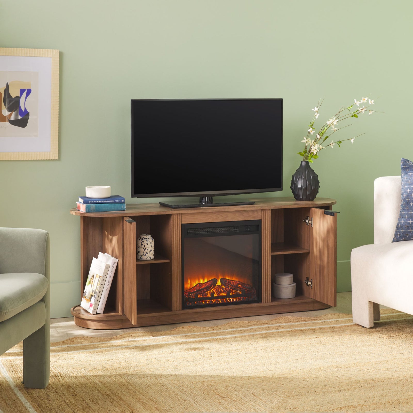 Mueble de TV con chimenea de caña escandinava moderna Chloe en 2 tamaños