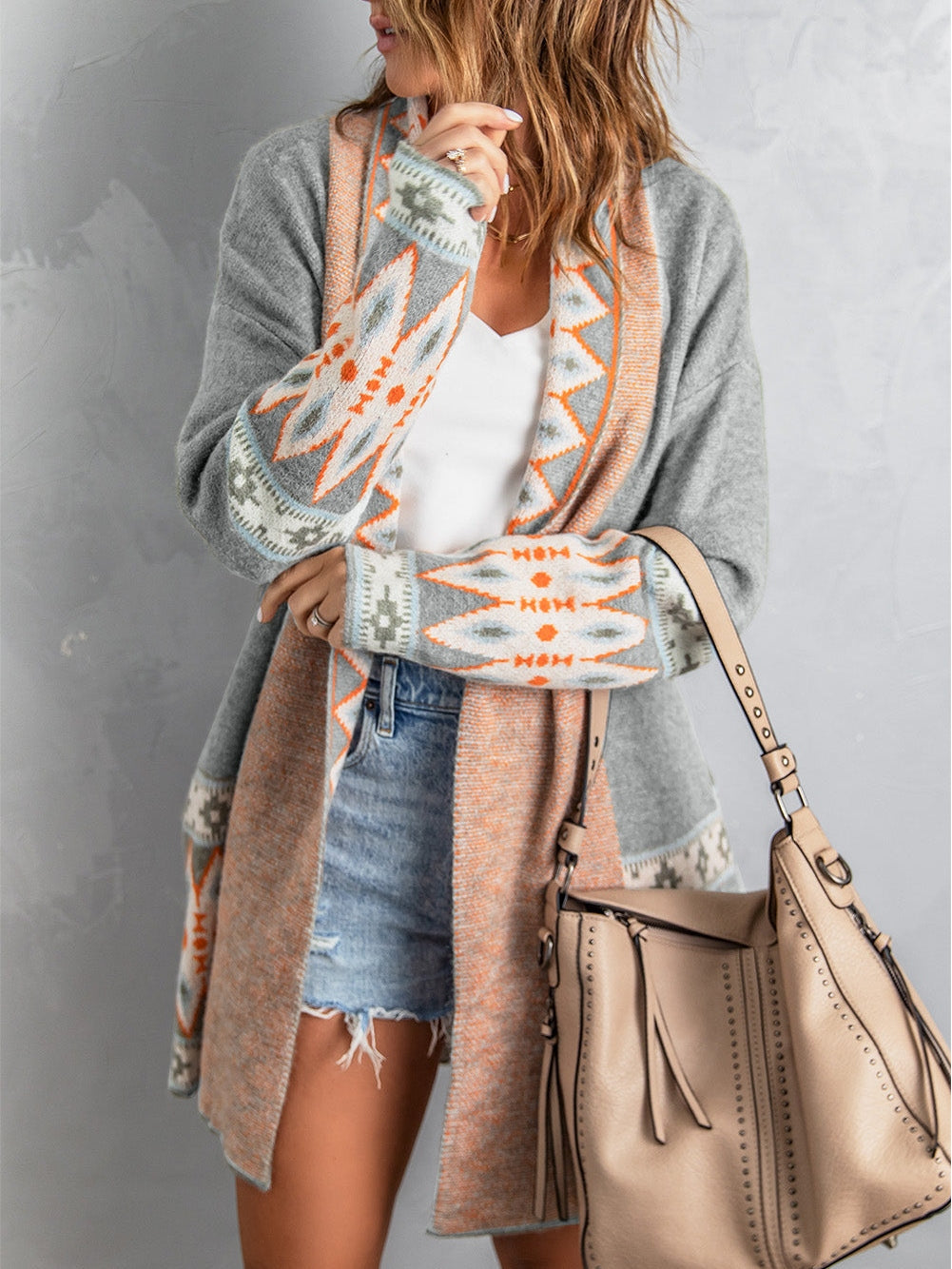 Open Front Long Cardigan with Tribal Print
