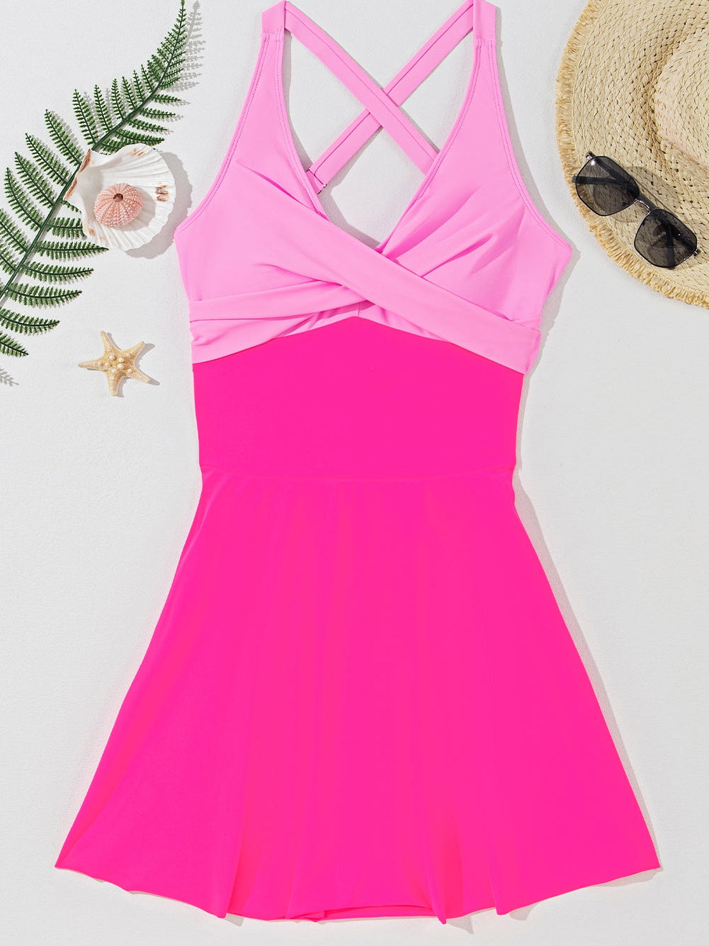 Pink Two-Tone Flared One-Piece Swimsuit
