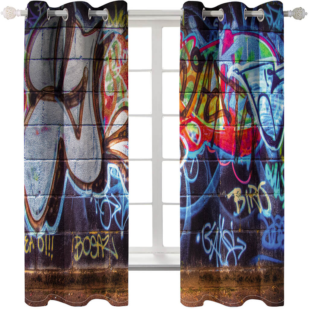 3D Cafe Hip Hop Street Graffiti Curtains Blackout Window Treatments Drapes