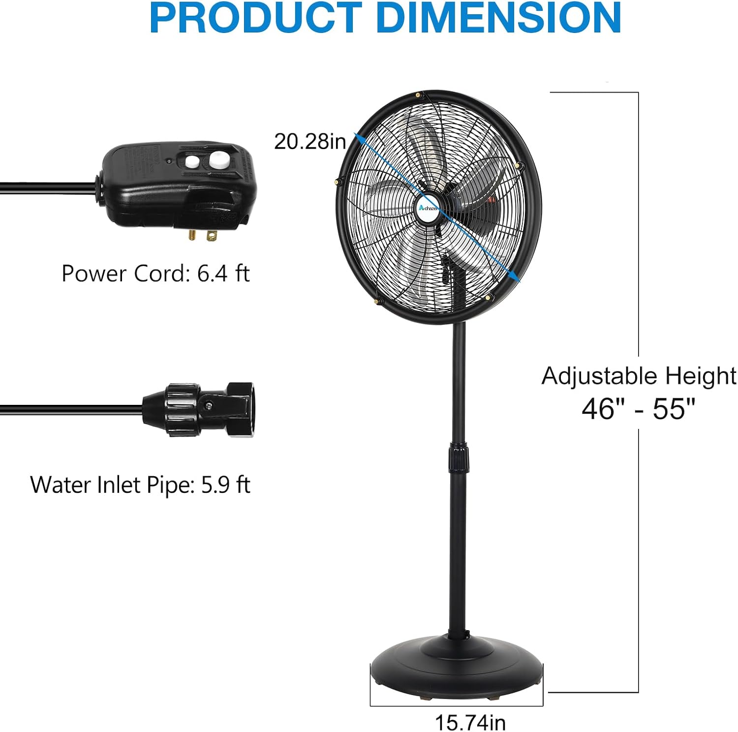 ACHAZEL 18" Outdoor Misting Pedestal Fan: 3-Speed, Adjustable Height, 120° Oscillation, Waterproof & UL Listed