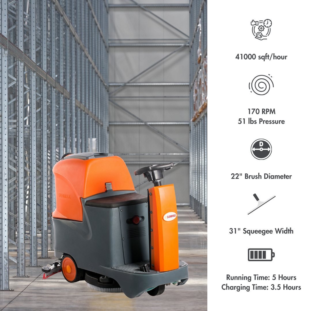 RT70 Ride-On Floor Scrubber, 48000 Sqft/H Efficiency, 18.5 Gal Tanks, 31-inch Squeegee Width