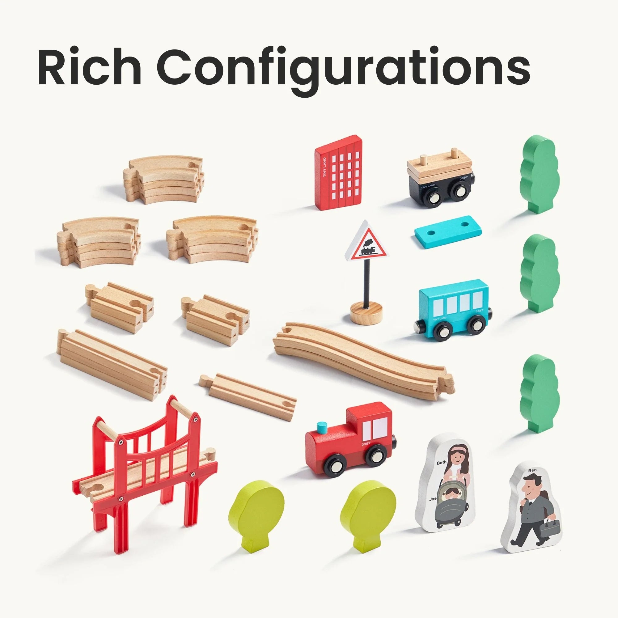 Tiny Land Wooden Train Set for Children 39 Pcs