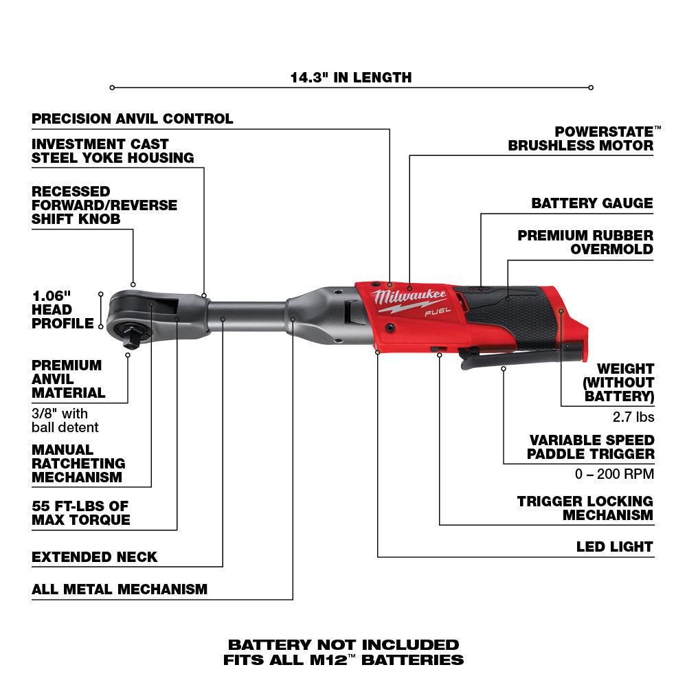 Trinquete de alcance extendido Milwaukee 2560-20 M12 FUEL™ de 3/8 pulg.