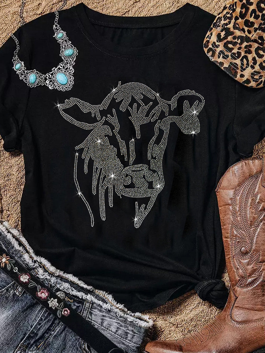 Women's Rhinestone Cow T-Shirt