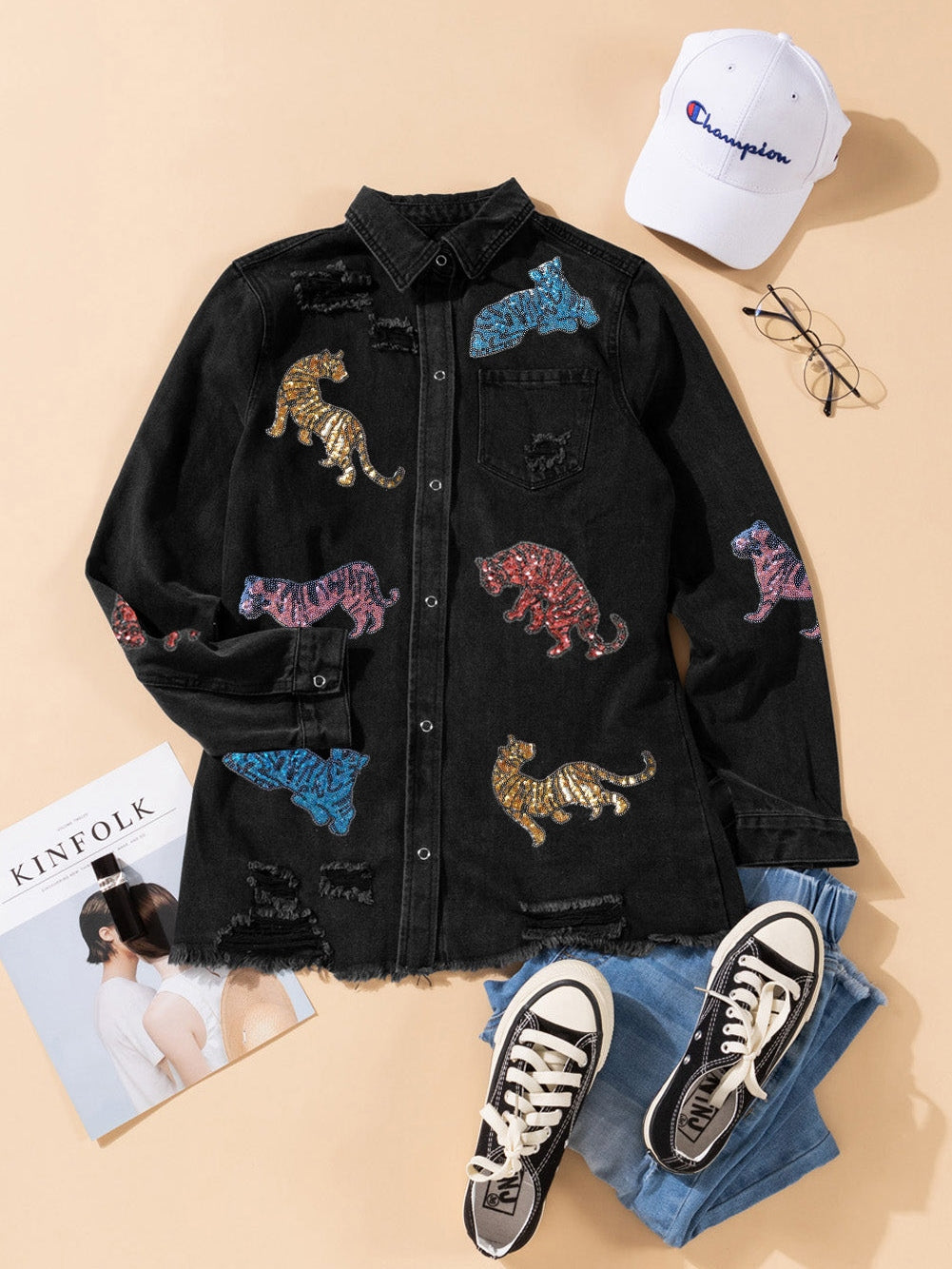 Loose Fit Black Denim Jacket with Tiger Print