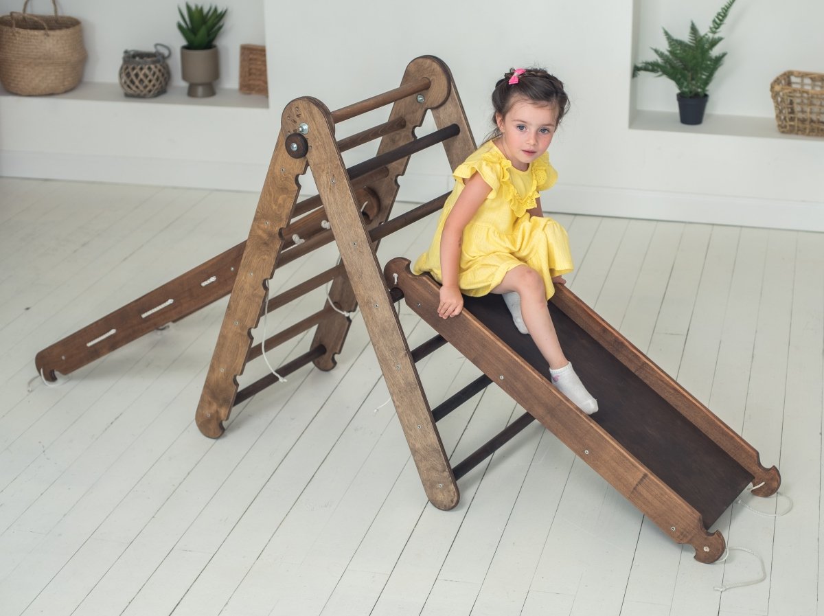 3 in 1 Montessori Climbing Set: Triangle Ladder + Slide Board + Net – Chocolate