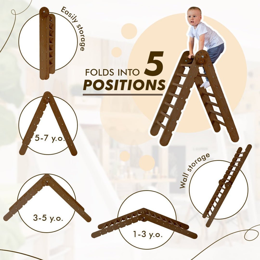 3 in 1 Montessori Climbing Set: Triangle Ladder + Slide Board + Net – Chocolate