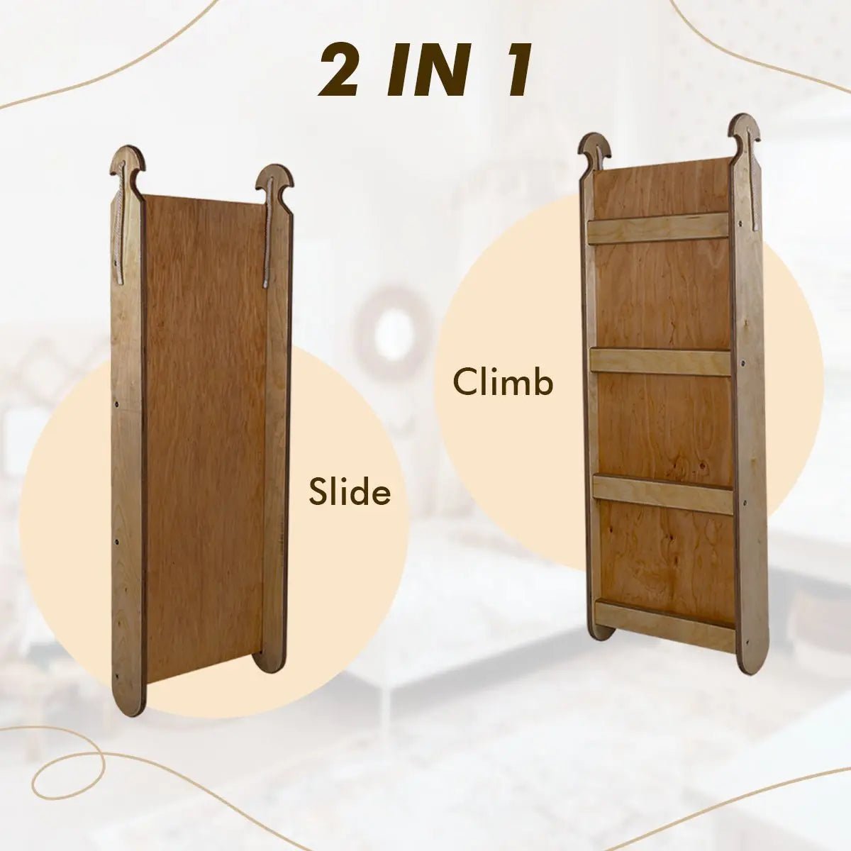 3 in 1 Montessori Climbing Set: Triangle Ladder + Slide Board + Net – Chocolate