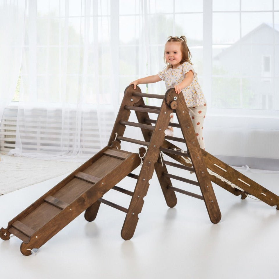 3 in 1 Montessori Climbing Set: Triangle Ladder + Slide Board + Net – Chocolate