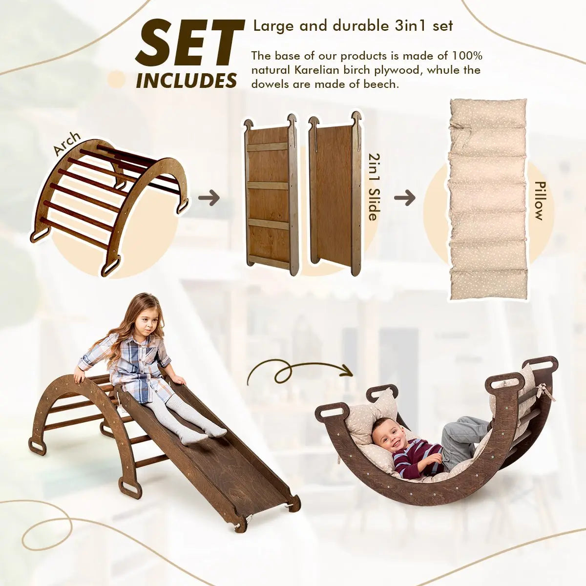 3 in 1 Montessori Climbing Set: Climbing Arch + Slide Board + Cushion – Chocolate