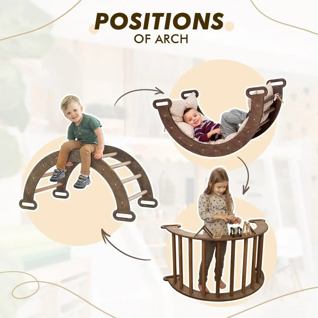 3 in 1 Montessori Climbing Set: Climbing Arch + Slide Board + Cushion – Chocolate