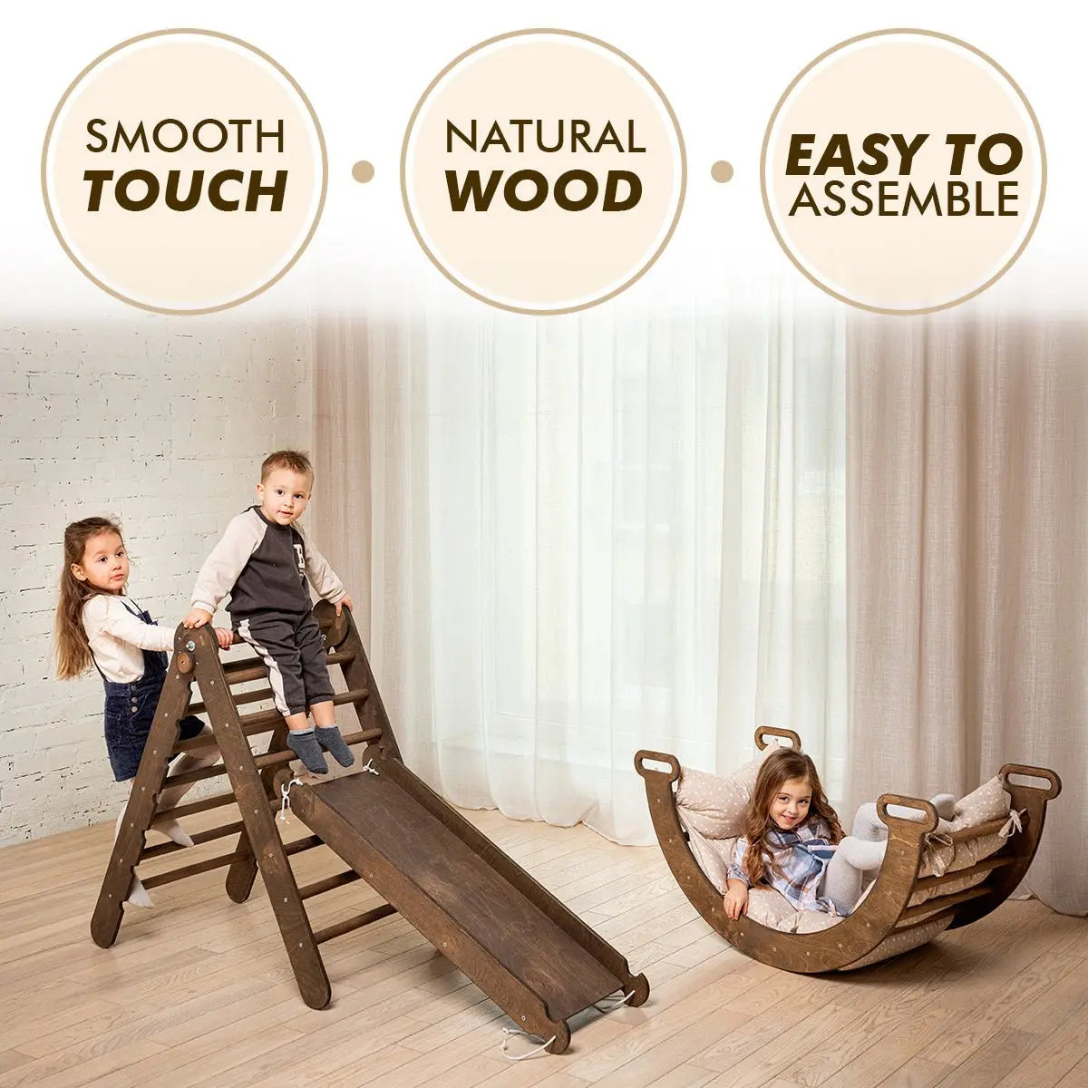 3 in 1 Montessori Climbing Set: Climbing Arch + Slide Board + Cushion – Chocolate