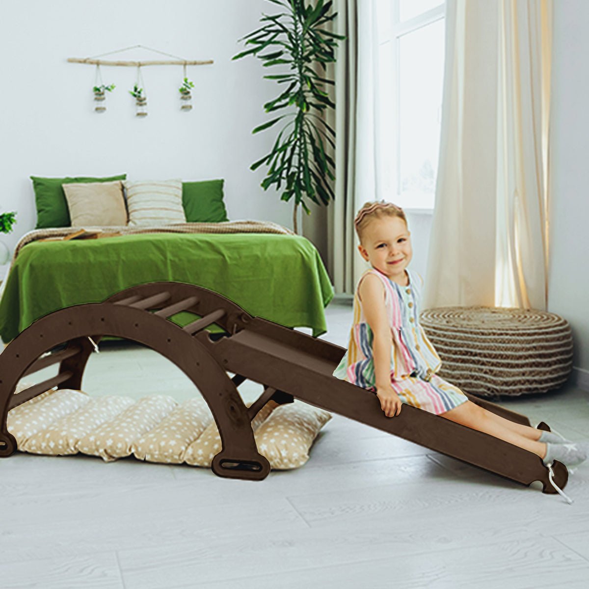 3 in 1 Montessori Climbing Set: Climbing Arch + Slide Board + Cushion – Chocolate