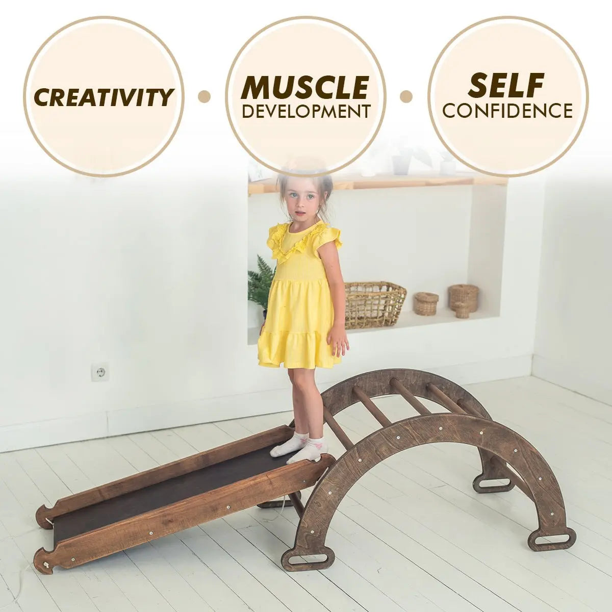 3 in 1 Montessori Climbing Set: Climbing Arch + Slide Board + Cushion – Chocolate