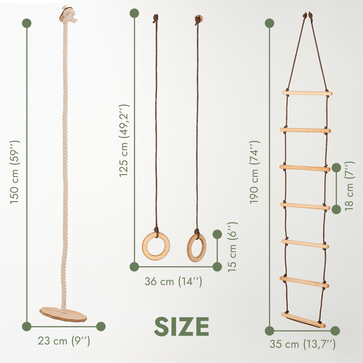 3 in 1 Swing & Climbing Set: Rope Ladder, Gym Rings & Disc Swing