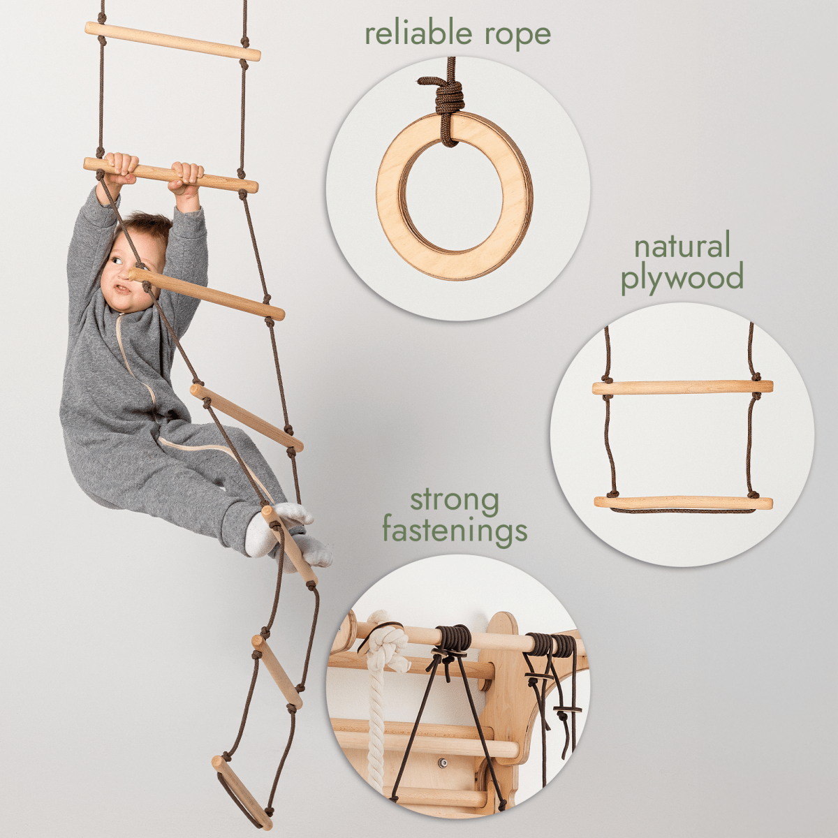 3 in 1 Swing & Climbing Set: Rope Ladder, Gym Rings & Disc Swing