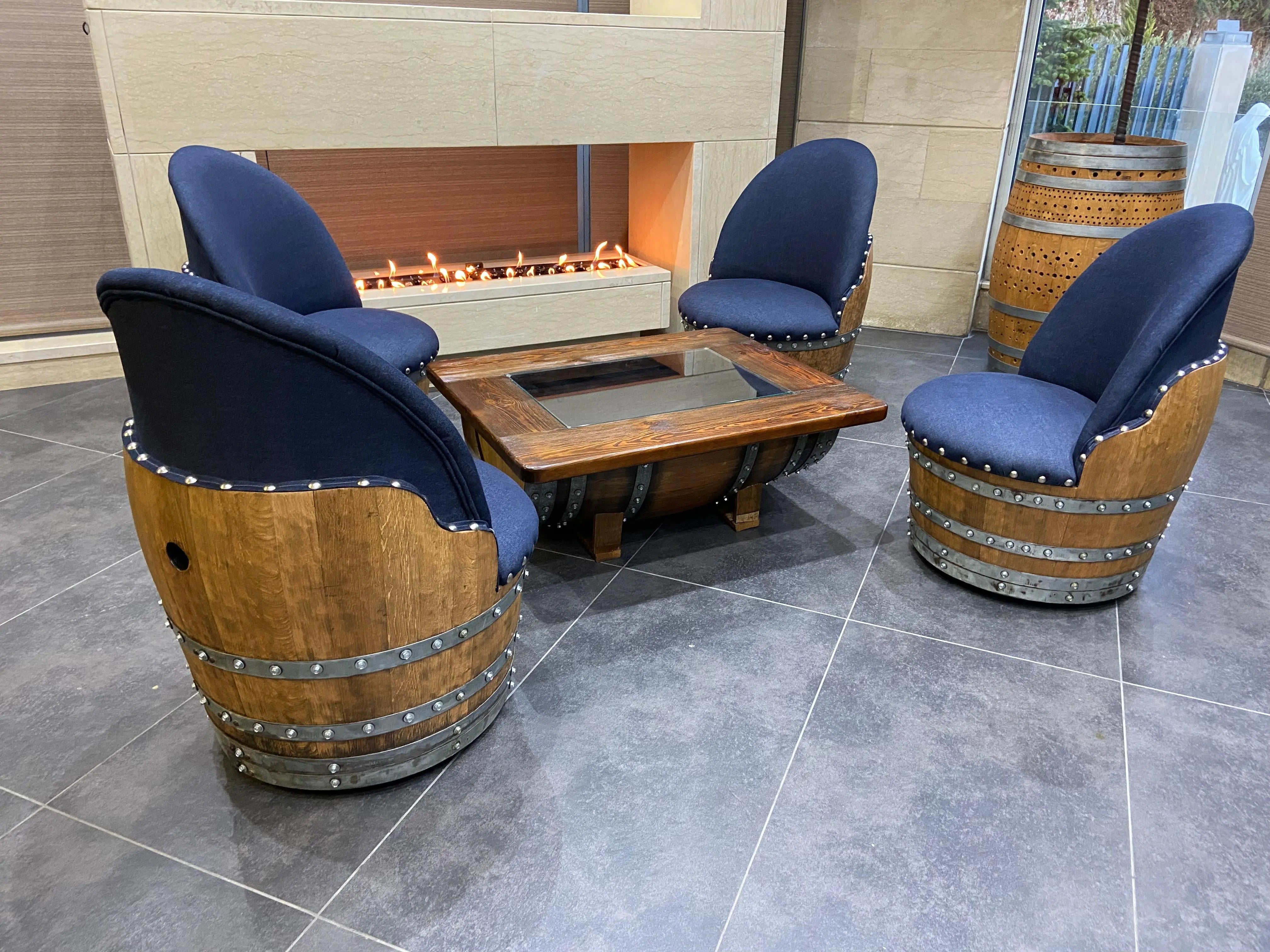 Juego de mesa de centro con forma de barril de vino y 4 sillas - Muebles rústicos de barril de whisky - Roble macizo hecho a mano - Envío gratuito