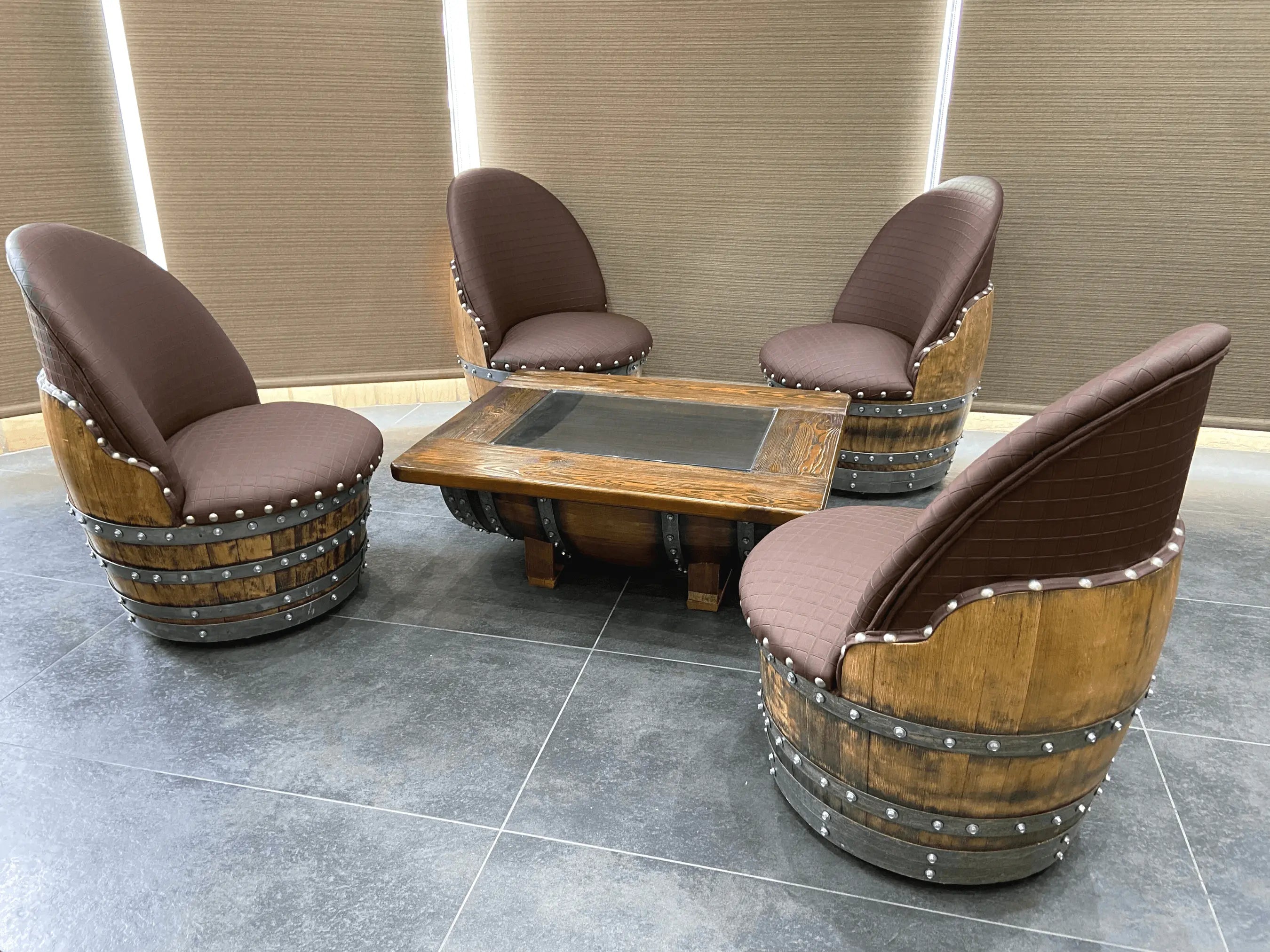 Juego de mesa de centro con forma de barril de vino y 4 sillas - Muebles rústicos de barril de whisky - Roble macizo hecho a mano - Envío gratuito