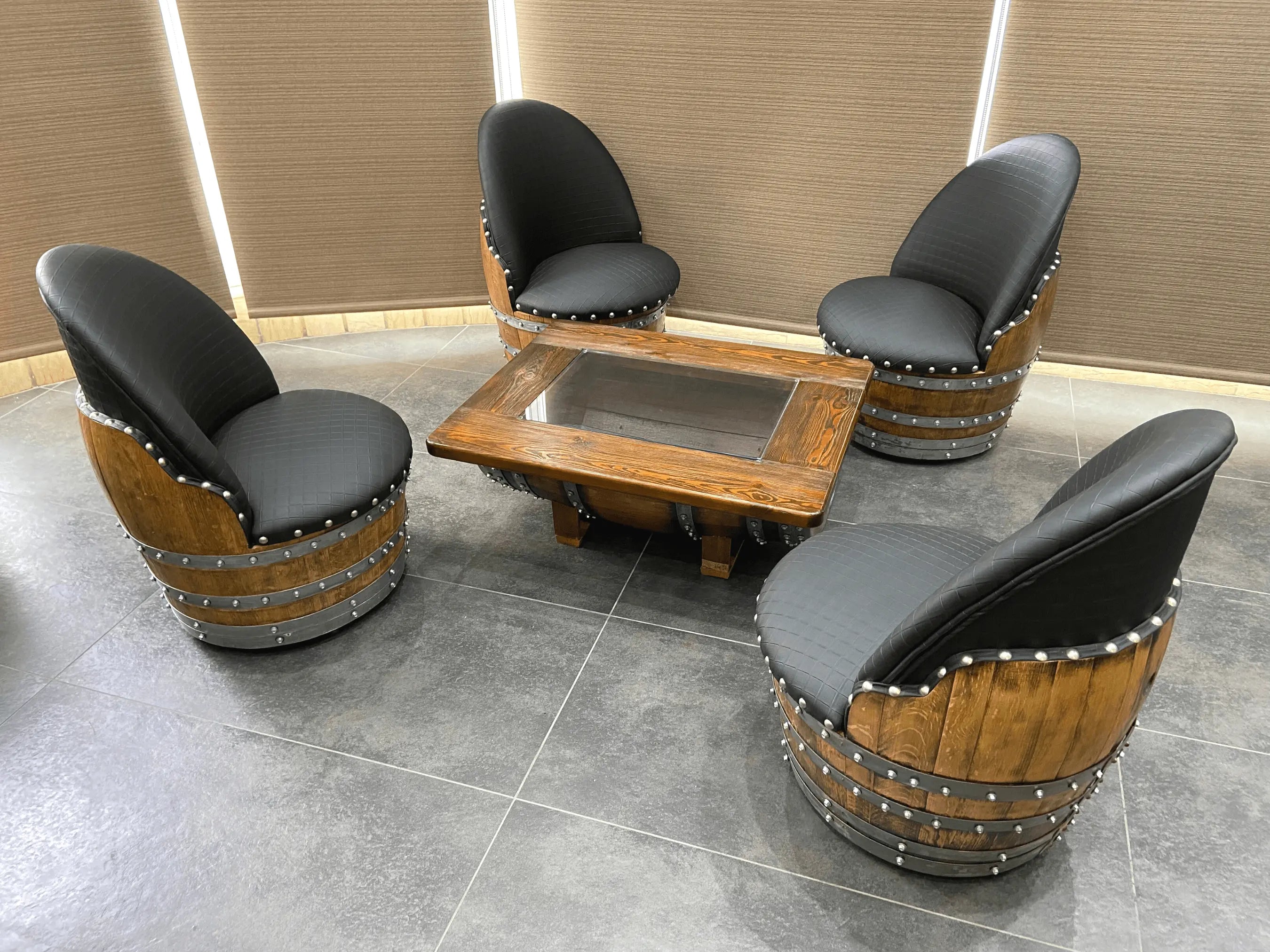 Juego de mesa de centro con forma de barril de vino y 4 sillas - Muebles rústicos de barril de whisky - Roble macizo hecho a mano - Envío gratuito