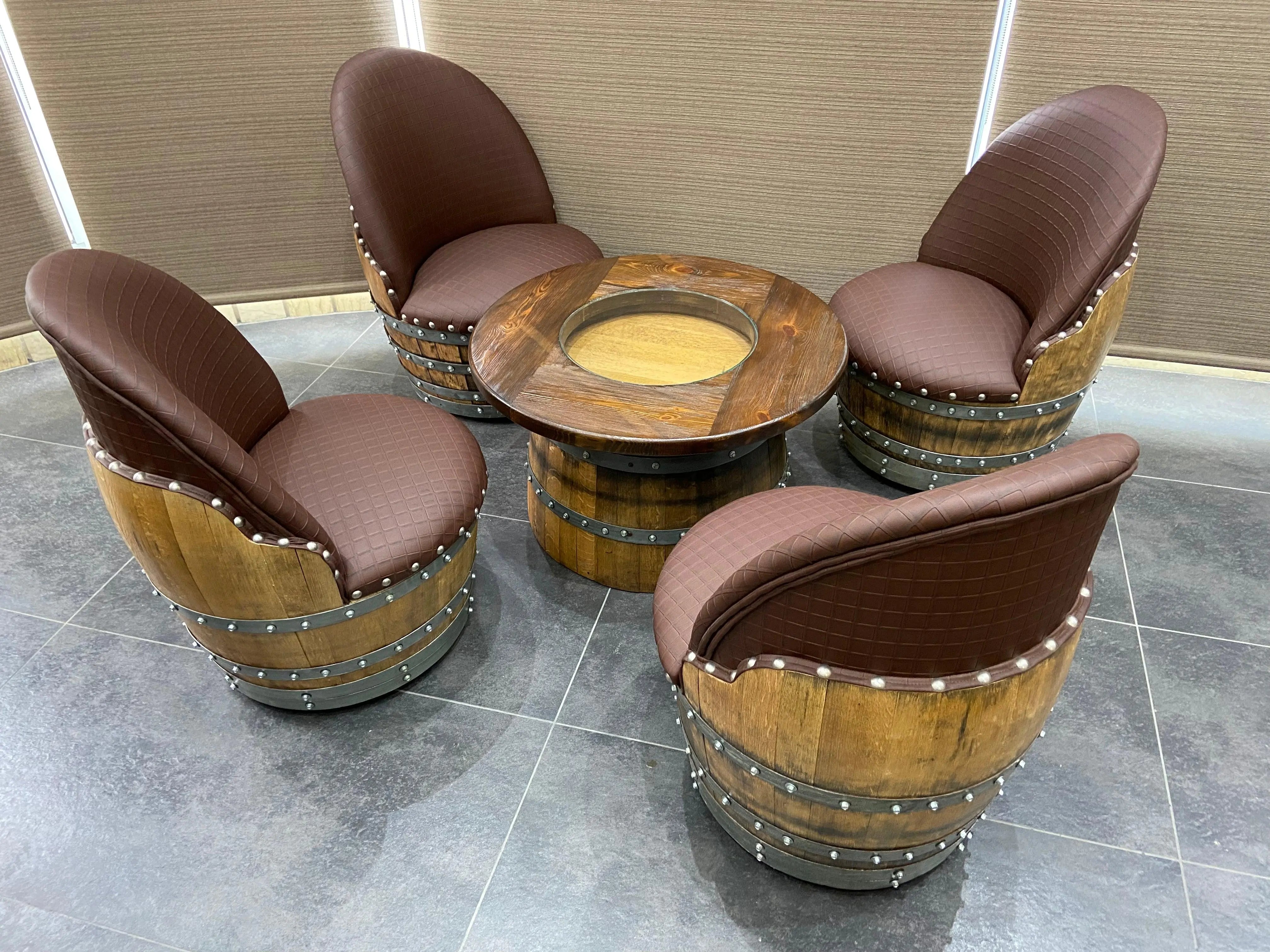 Juego de mesa de centro redonda con forma de barril de vino y 4 sillas - Muebles rústicos de barril de whisky - Roble macizo hecho a mano - Envío gratuito