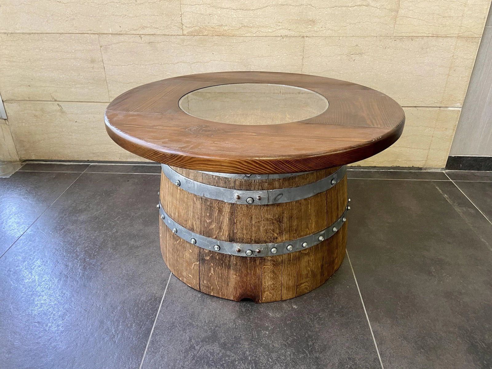 Juego de mesa de centro redonda con forma de barril de vino y 4 sillas - Muebles rústicos de barril de whisky - Roble macizo hecho a mano - Envío gratuito