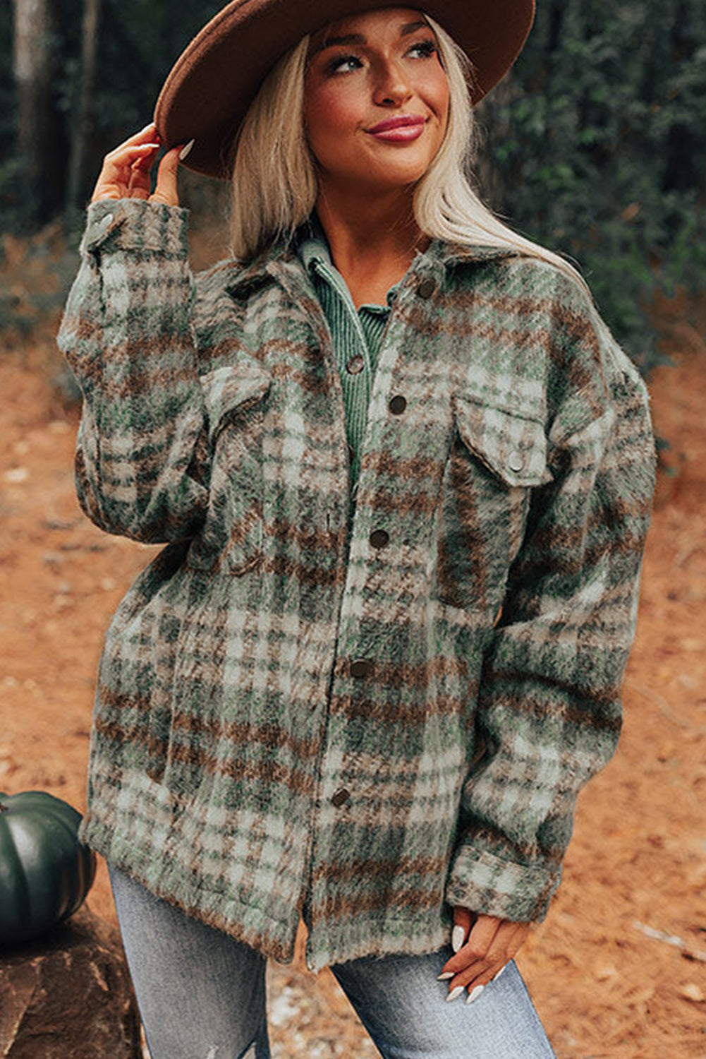 Relaxed Fit Plaid Shirt Jacket for Plus Size