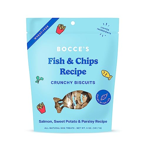 Bocce's Bakery - Galletas para perros con sabor a pescado y papas fritas, 5 oz (paquete de 12) - Delicias hechas en EE. UU.