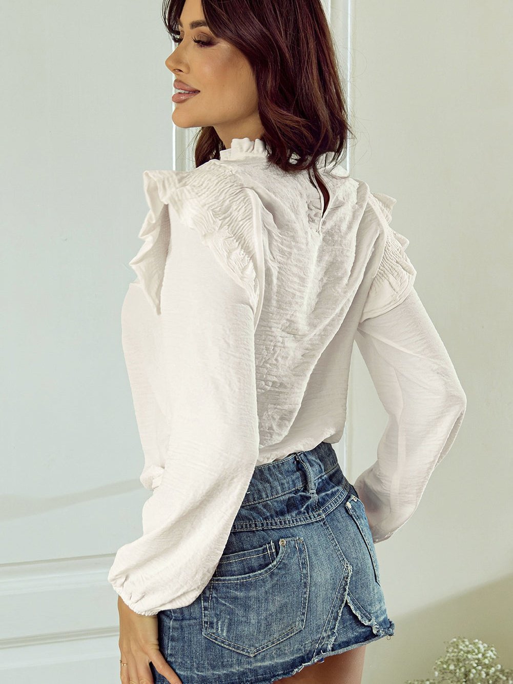 Flowy White Blouse with Ruffle Trim