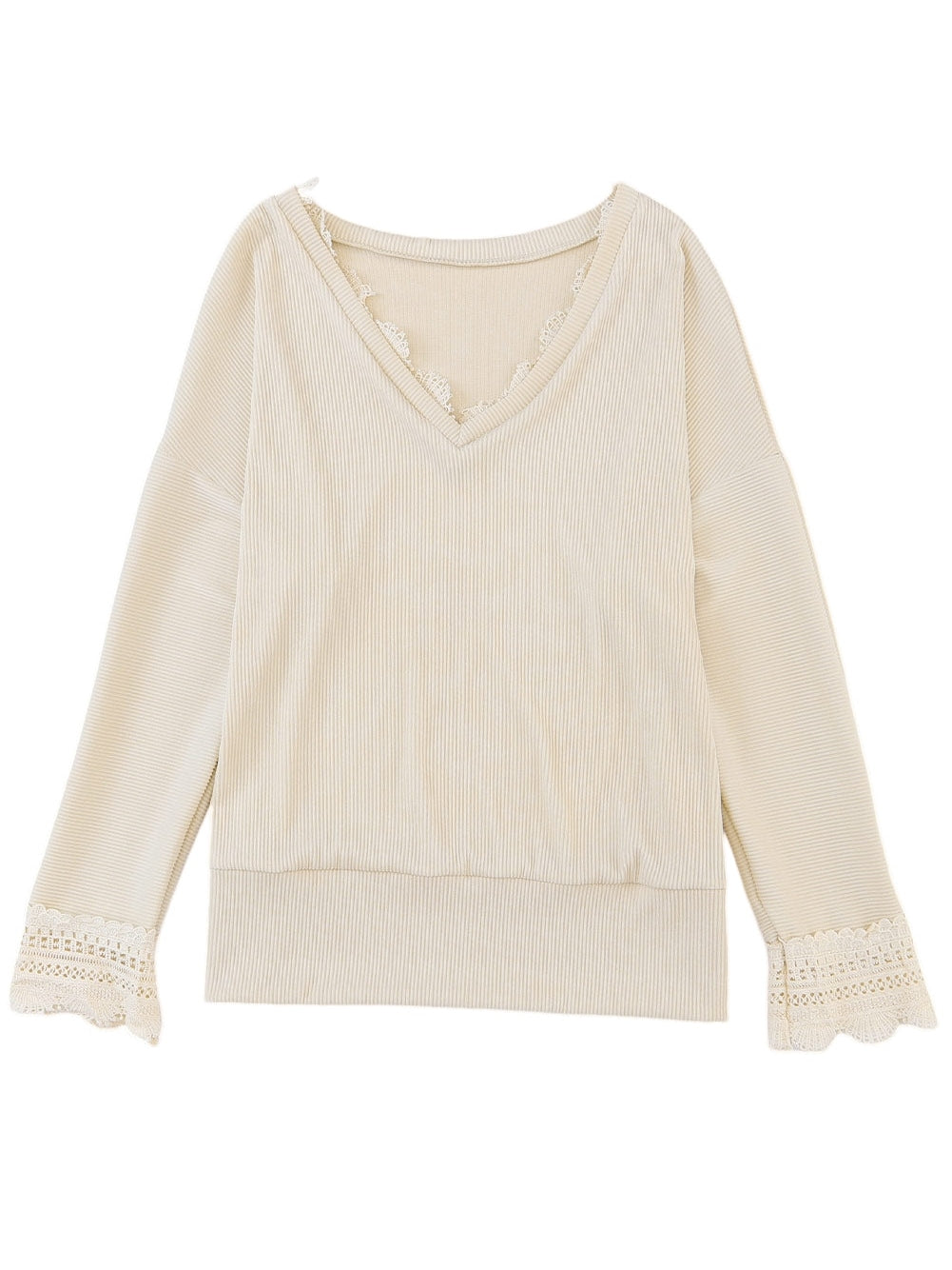 Relaxed Fit Ribbed Knit Blouse with Lace Trim
